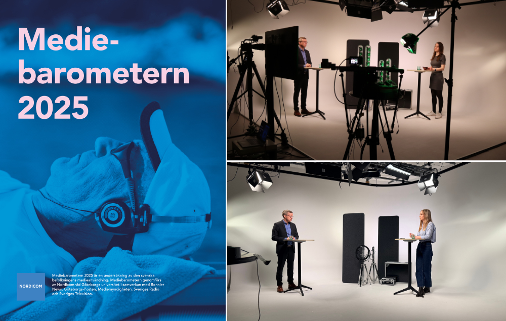 Omslag Mediebarometern 2025, bilder från inspelning av seminariet i studio