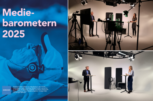 Cover Mediebarometern 2025, images from the recording of the seminar in a studio. 