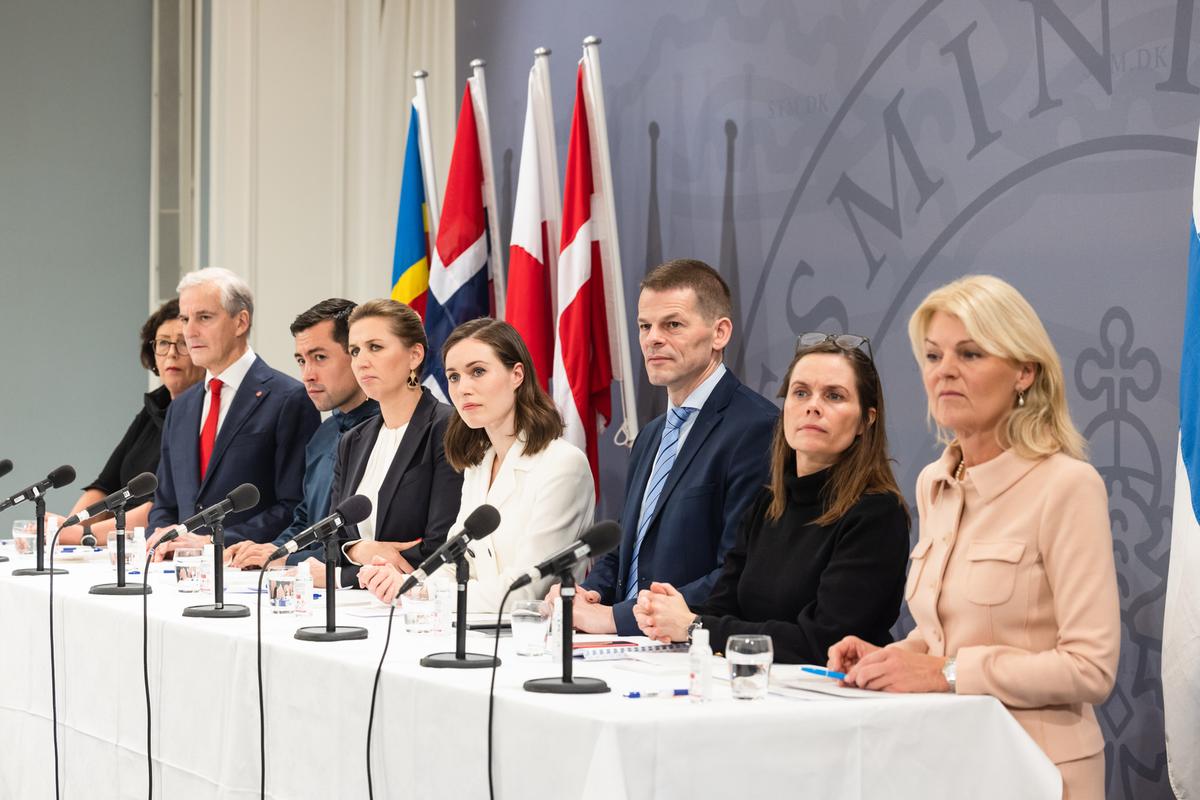 The Nordic prime ministers standing together at a press conference.