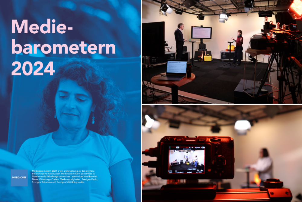 Mediebarometern cover and two images from the recording of the webinar