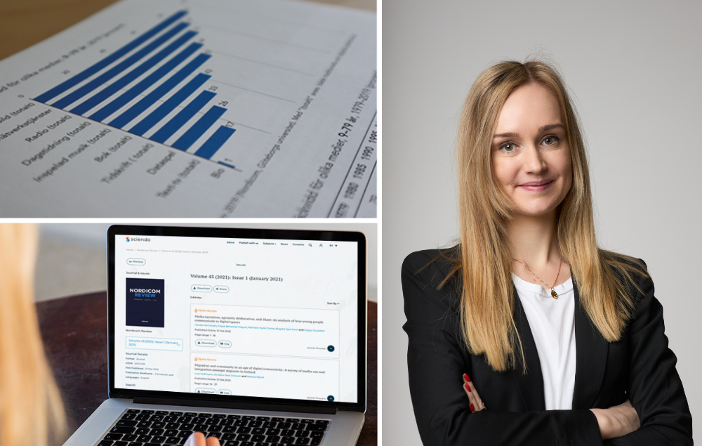 Media Barometer graph, computer with Nordicom Review and Nora Theorin