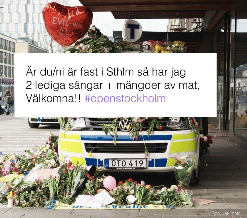 Kollage föreställande polisbil med blommor och twittermeddelande