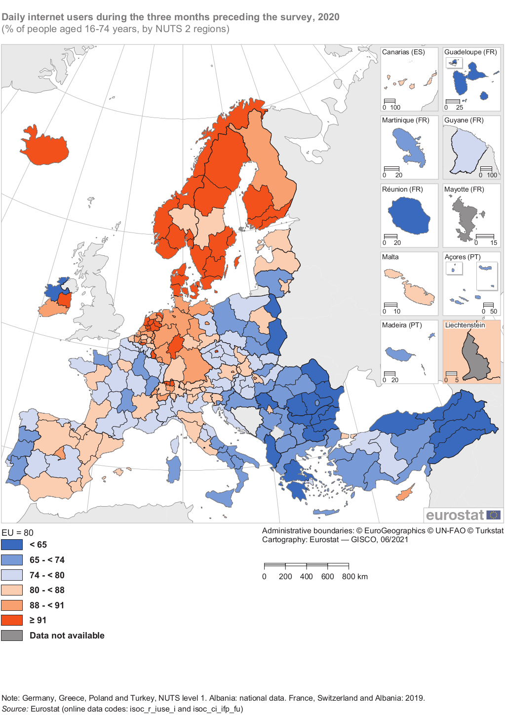Figur: Andel av befolkningen i Europas regioner som använt internet dagligen 2020 (procent)