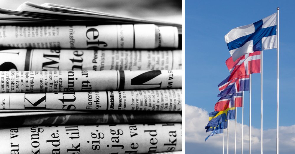 Två bilder: En tidningshög och de nordiska flaggorna.