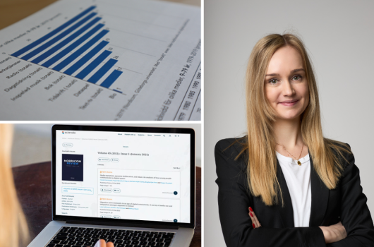 Mediebarometerdiagram, dator med Nordicom Review och Nora Theorin