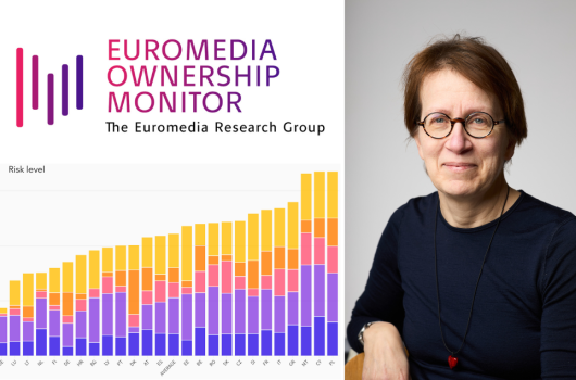 Logo Euromedia Ownership Monitor (EurOMo), risk level graph and Ulrika Facht 