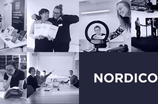 Ett kollage med bilder på Nordicoms personal och Nordicoms logga.