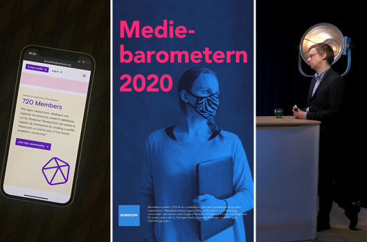 3 bilder: En mobiltelefon som visar NordMedia Network. Omslaget till Mediebarometern 2020. Webbinariet om Mediebarometern 2020.