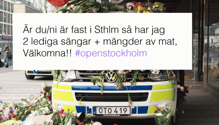 Kollage föreställande polisbil med blommor och twittermeddelande